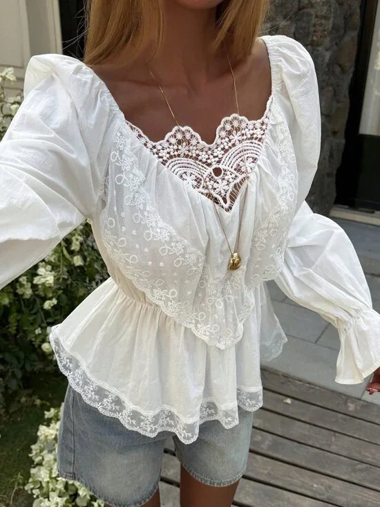 White Casual Women's Cotton Lace Patchwork Beach Vacation Shirt - Picture 1 of 7